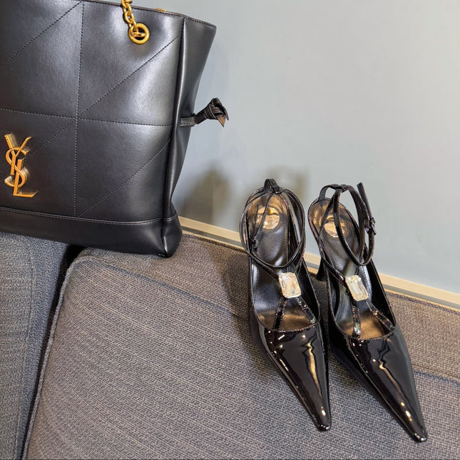 HIGH SANDAL ATTACHED GEM IN BLACK GLOSSY CALFSKIN