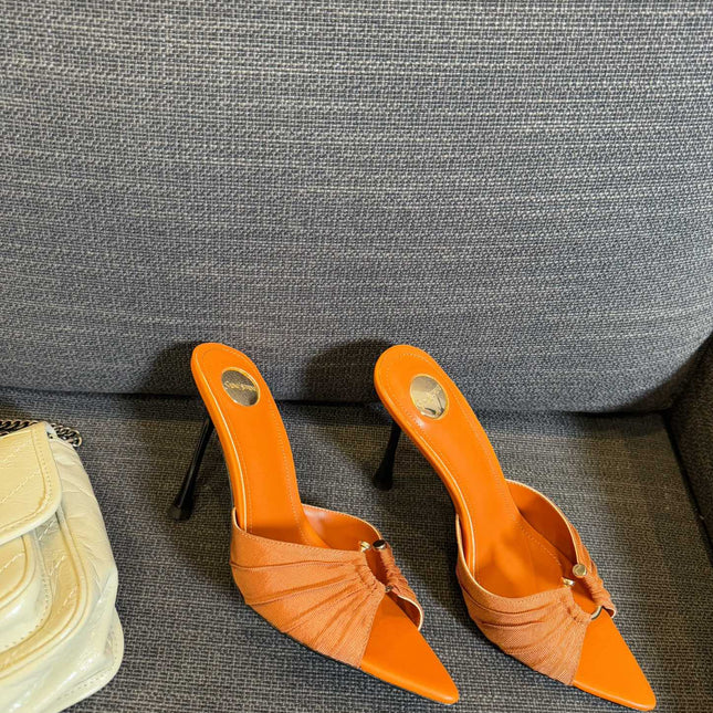 LOLA HIGH MULES IN TANGELO ORANGE SMOOTH LAMBSKIN AND DRAPED JERSEY