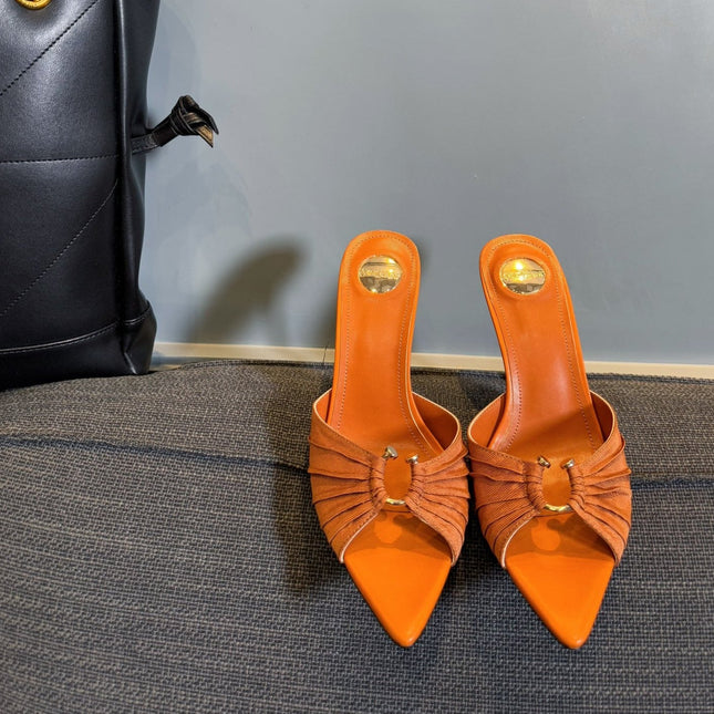 LOLA HIGH MULES IN TANGELO ORANGE SMOOTH LAMBSKIN AND DRAPED JERSEY