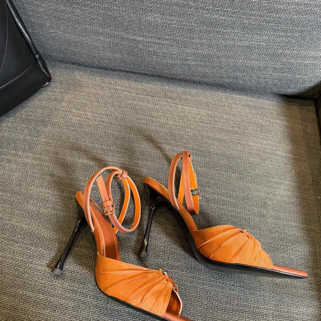 LOLA HIGH SANDALS IN TANGELO ORANGE SMOOTH LAMBSKIN AND DRAPED JERSEY