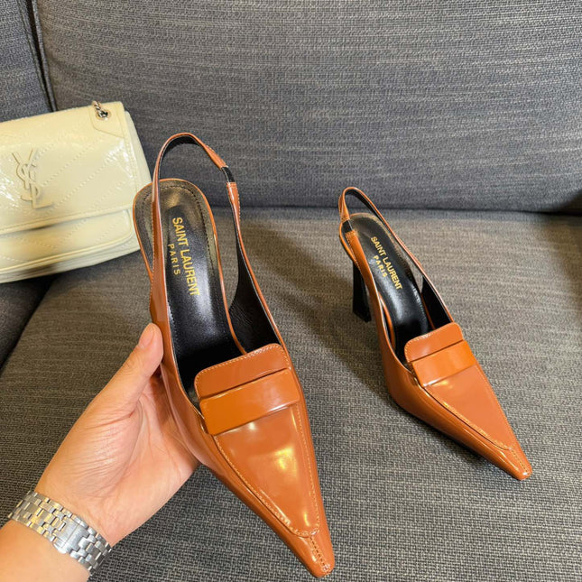POINTED-TOE SLINGBACK PUMPS IN TANGERINE ORANGE SHINY CALFSKIN