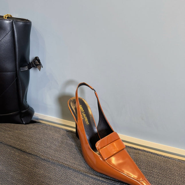 POINTED-TOE SLINGBACK PUMPS IN TANGERINE ORANGE SHINY CALFSKIN