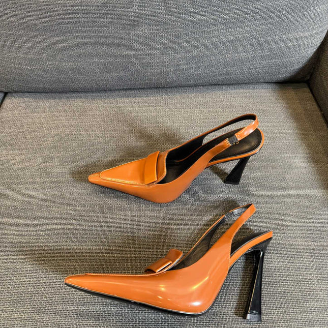 POINTED-TOE SLINGBACK PUMPS IN TANGERINE ORANGE SHINY CALFSKIN