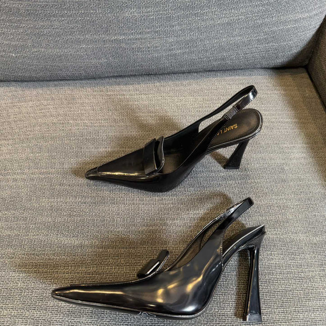 POINTED-TOE SLINGBACK PUMPS IN BLACK SHINY CALFSKIN