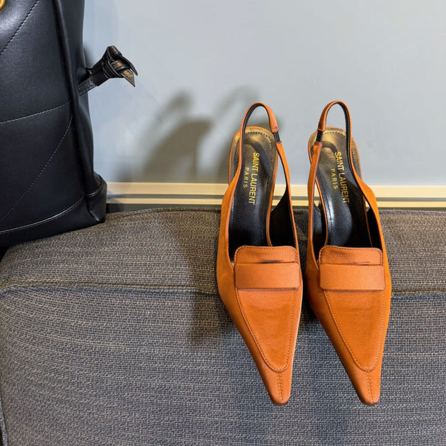 POINTED-TOE SLINGBACK PUMPS IN TANGELO ORANGE SILK