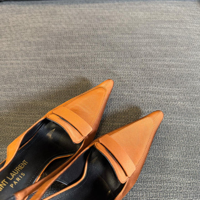 POINTED-TOE SLINGBACK PUMPS IN TANGELO ORANGE SILK