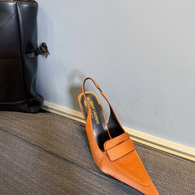 POINTED-TOE SLINGBACK PUMPS IN TANGELO ORANGE SILK