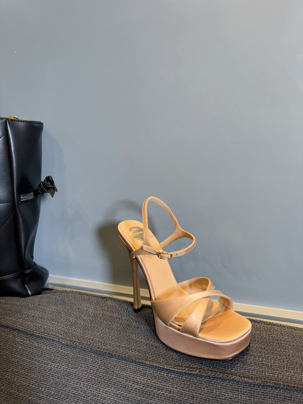 YSL 26S CROSS-STRAP SANDALS 150 MM IN NUDE SATIN