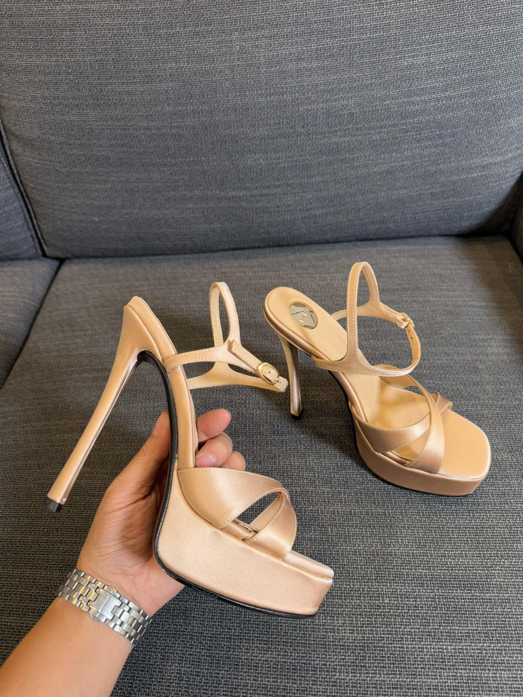 YSL 26S CROSS-STRAP SANDALS 150 MM IN NUDE SATIN