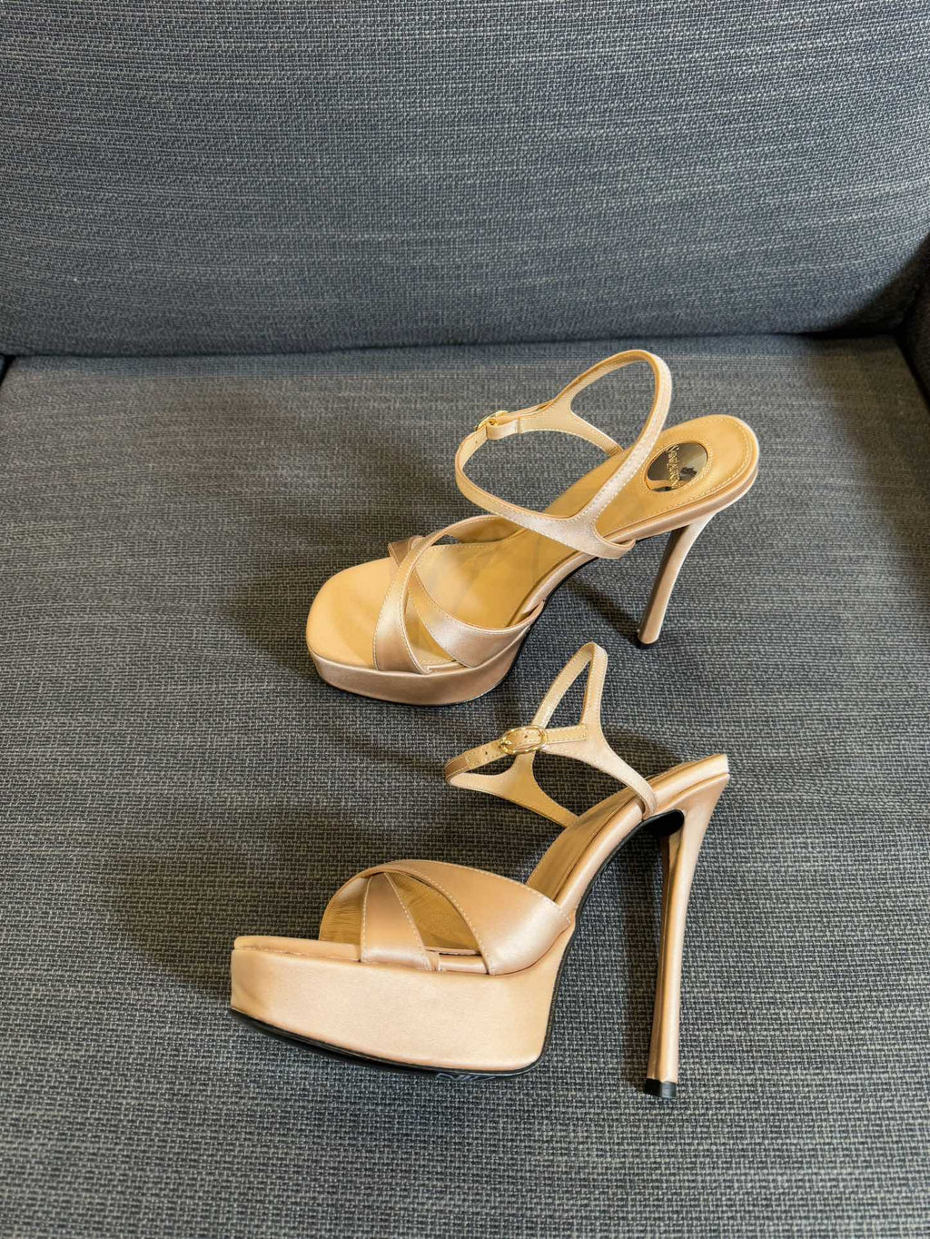 YSL 26S CROSS-STRAP SANDALS 150 MM IN NUDE SATIN