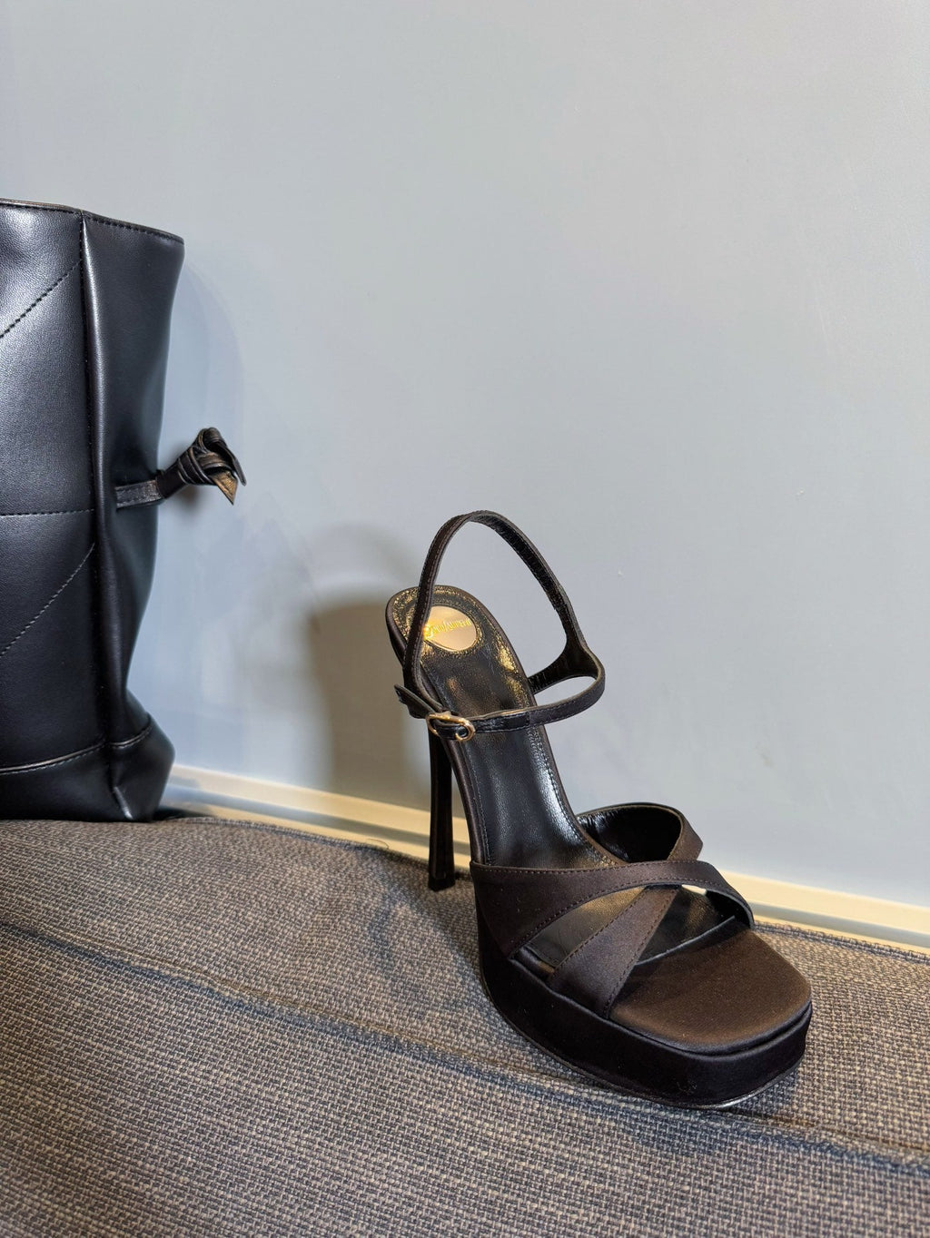 YSL 26S CROSS-STRAP SANDALS 150 MM IN BLACK SATIN
