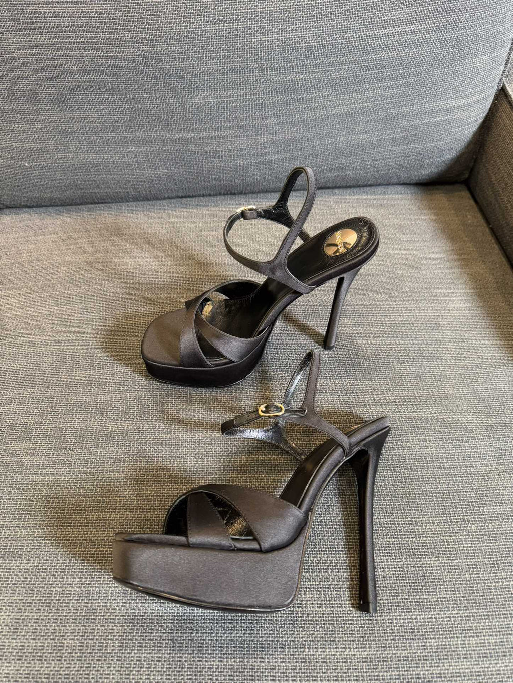 YSL 26S CROSS-STRAP SANDALS 150 MM IN BLACK SATIN