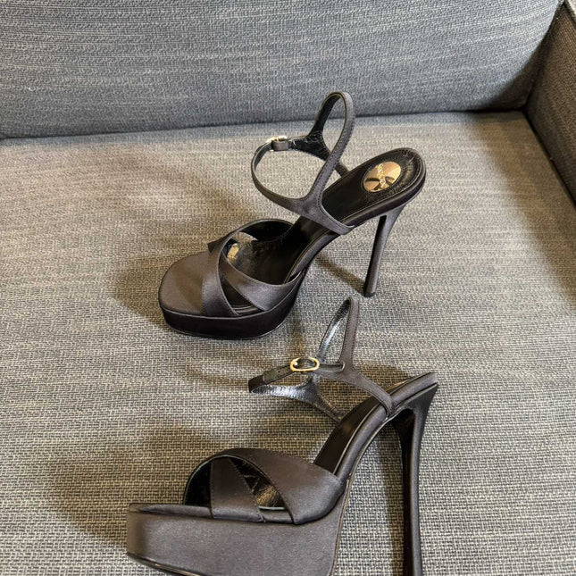 DEBBIE PLATFORM SANDALS IN BLACK SATIN