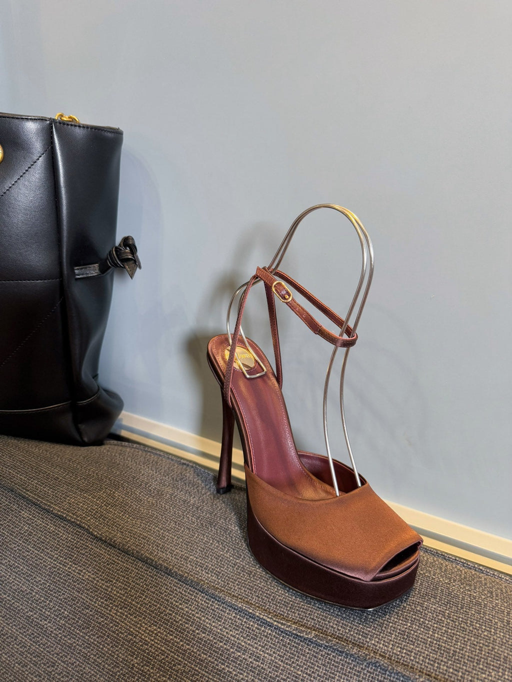 YSL 26S PLATFORM SANDALS 150 MM IN BROWN SATIN
