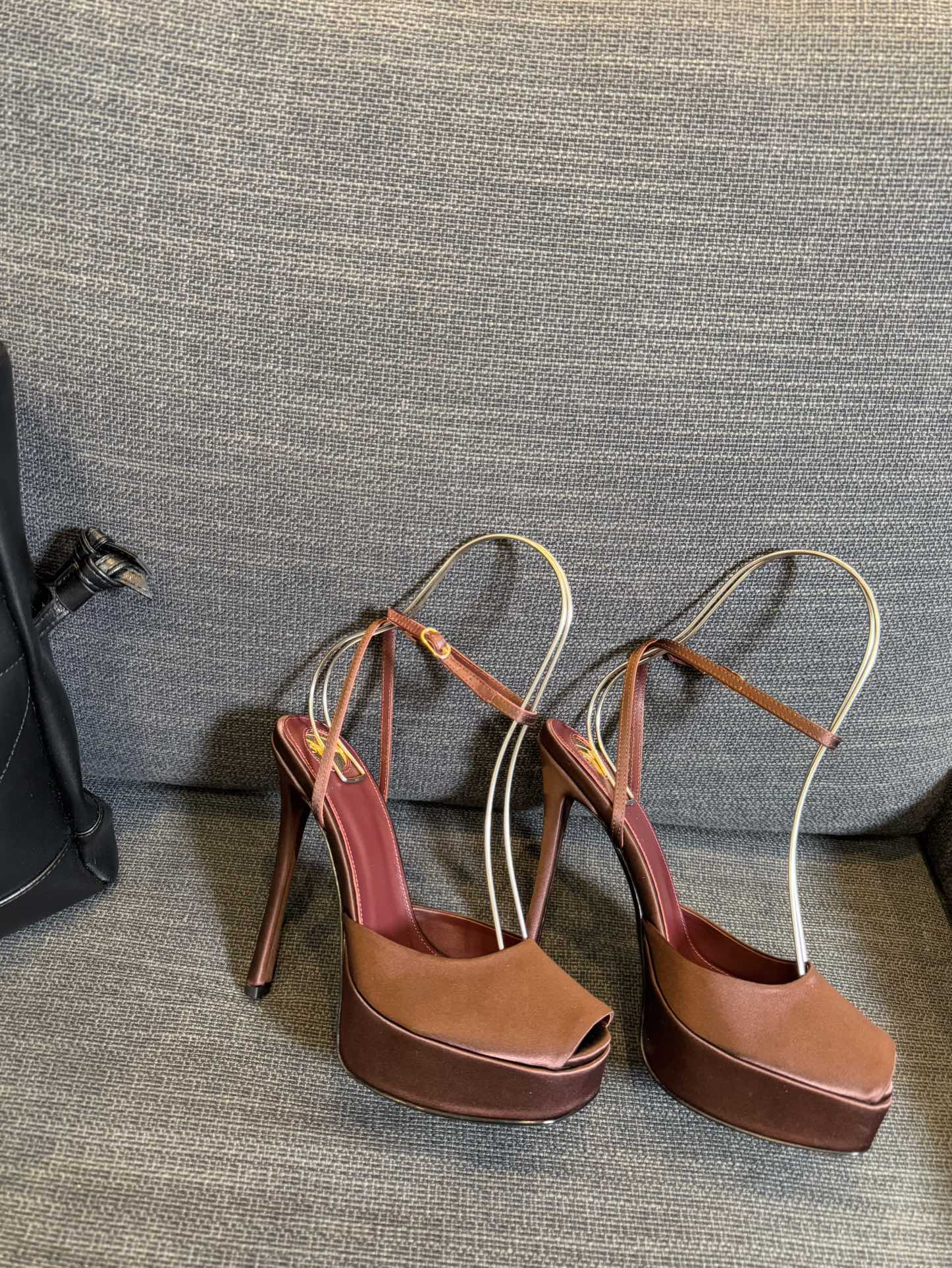 YSL 26S PLATFORM SANDALS 150 MM IN BROWN SATIN