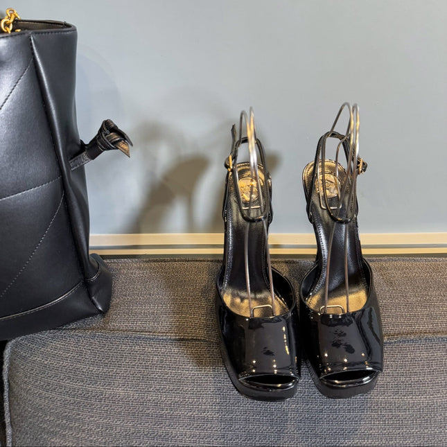 LA SCANDALE PLATFORM SANDALS IN BLACK GLOSSY CALFSKIN