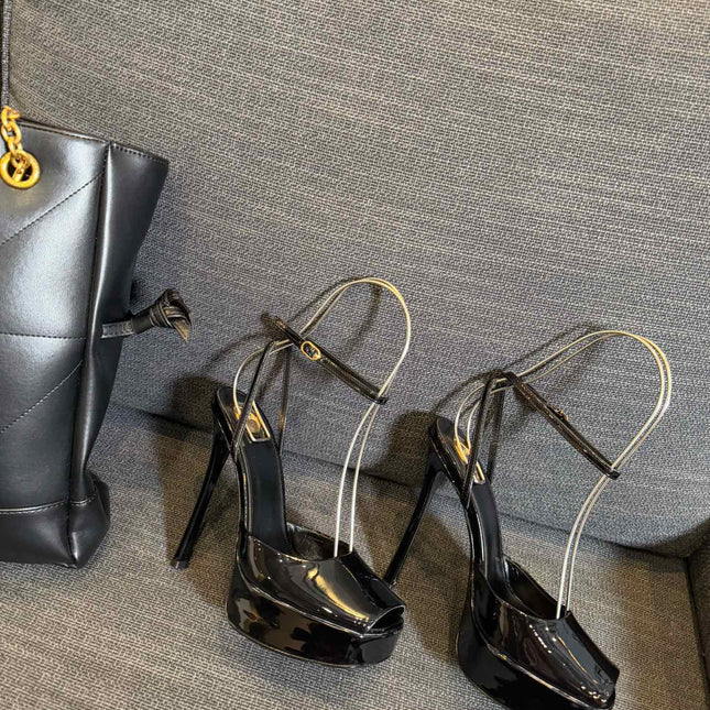 LA SCANDALE PLATFORM SANDALS IN BLACK GLOSSY CALFSKIN