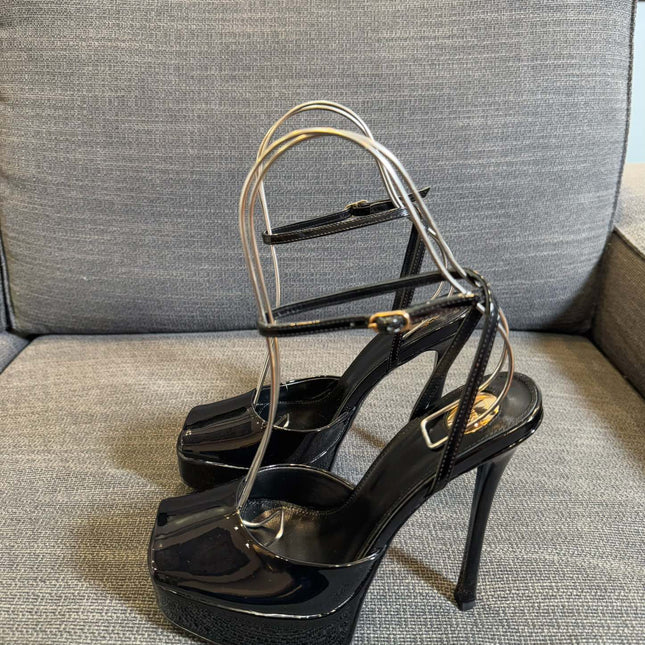 LA SCANDALE PLATFORM SANDALS IN BLACK GLOSSY CALFSKIN