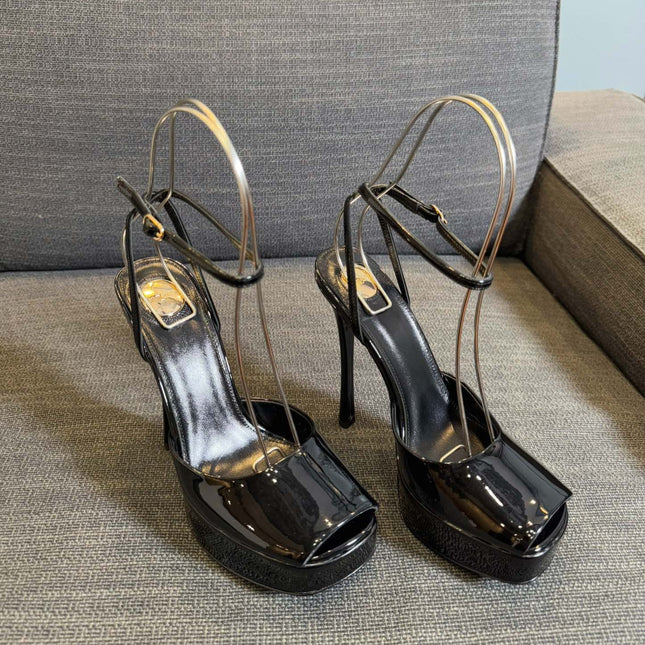 LA SCANDALE PLATFORM SANDALS IN BLACK GLOSSY CALFSKIN
