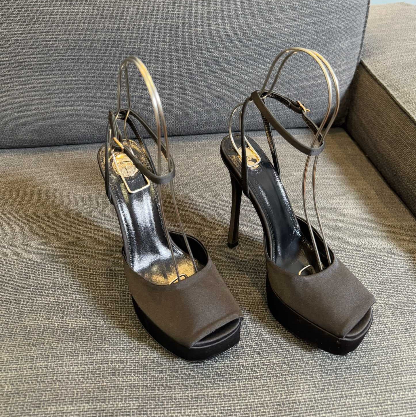 YSL 26S PLATFORM SANDALS 150 MM IN TAUPE AND BLACK SATIN