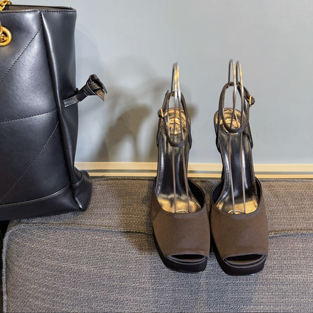 LA SCANDALE PLATFORM SANDALS IN TAUPE BROWN SATIN