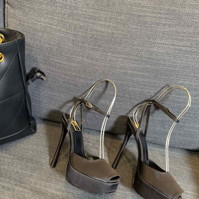 LA SCANDALE PLATFORM SANDALS IN TAUPE BROWN SATIN