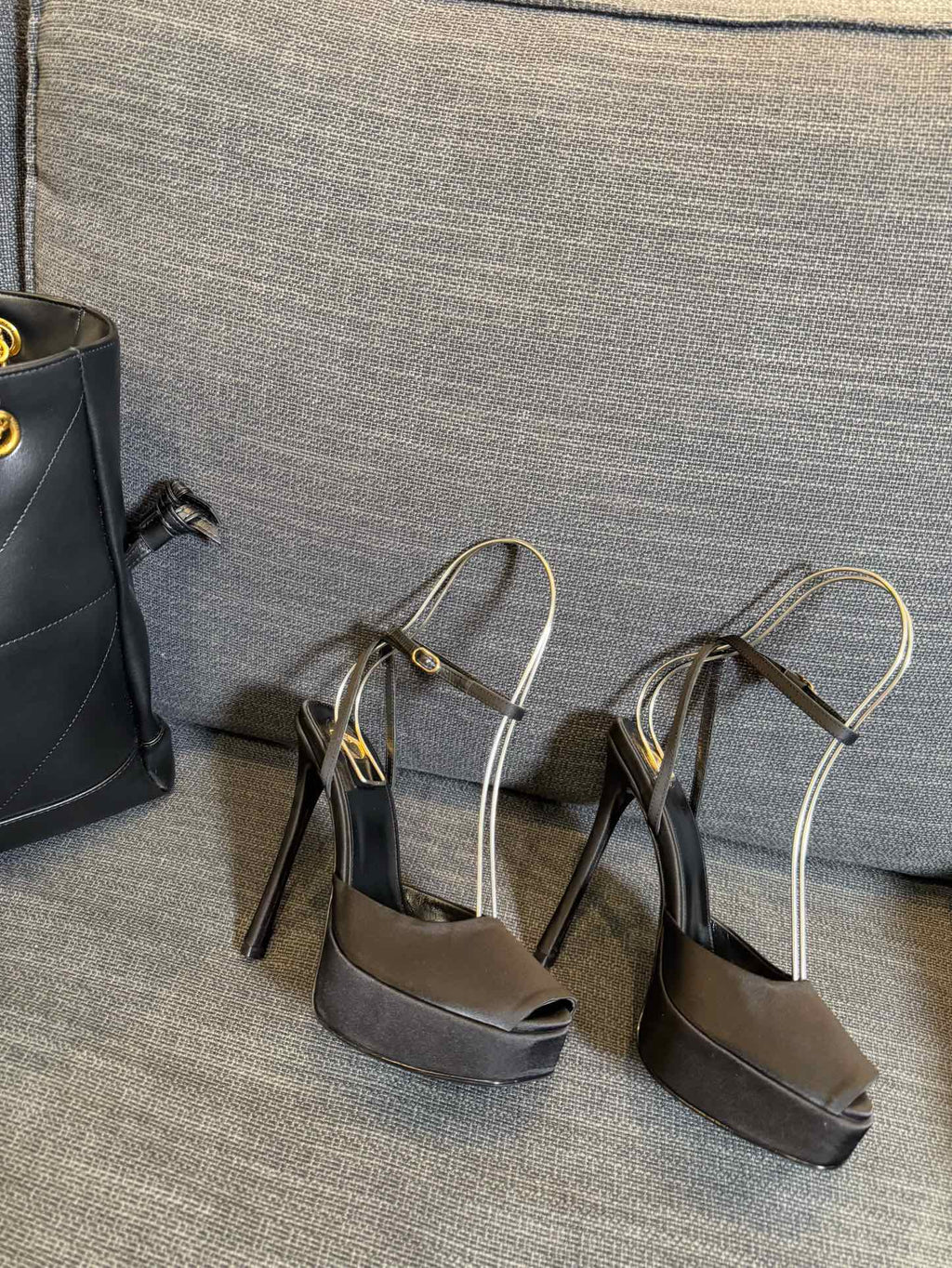 YSL 26S PLATFORM SANDALS 150 MM IN TAUPE AND BLACK SATIN