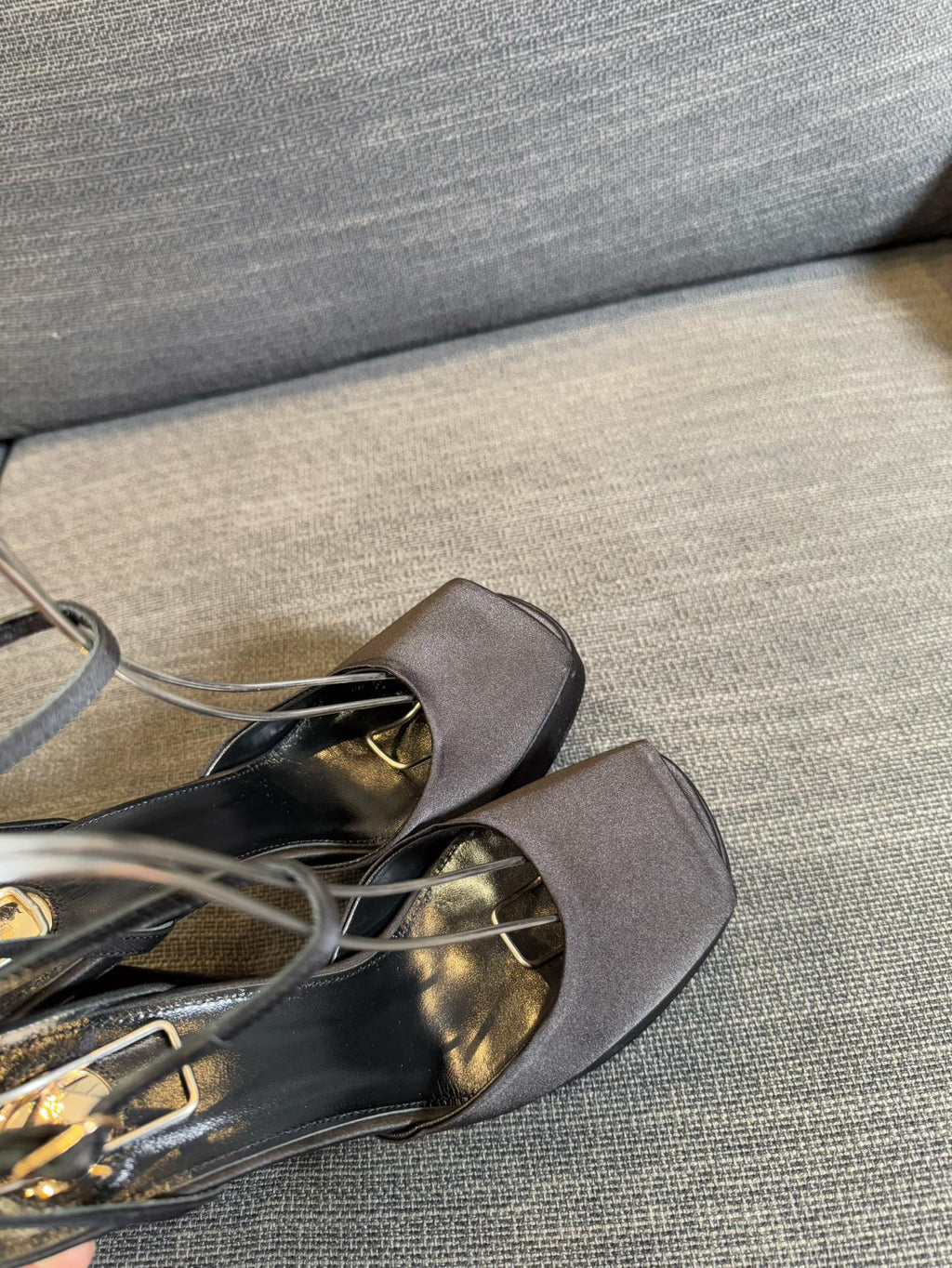 YSL 26S PLATFORM SANDALS 150 MM IN TAUPE AND BLACK SATIN