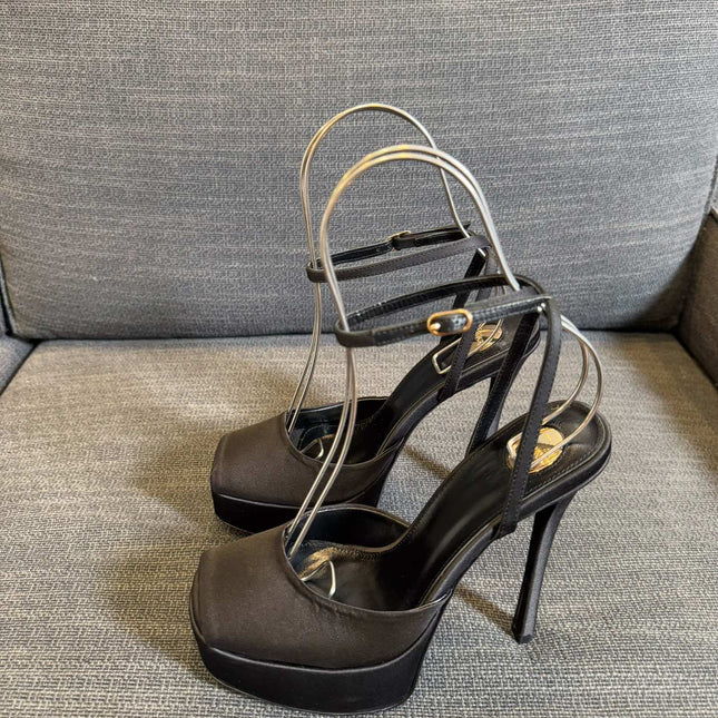 LA SCANDALE PLATFORM SANDALS IN TAUPE BROWN SATIN