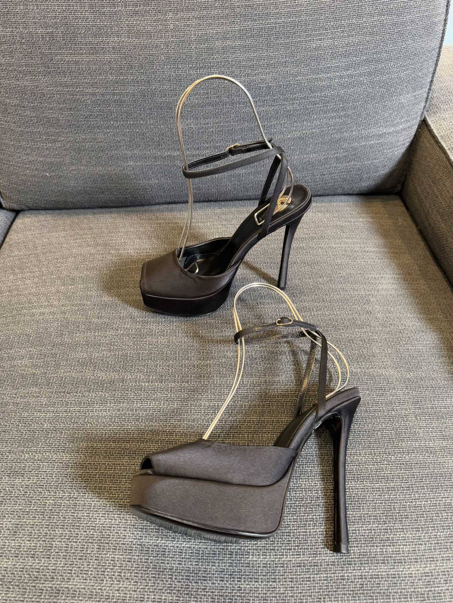 YSL 26S PLATFORM SANDALS 150 MM IN TAUPE AND BLACK SATIN