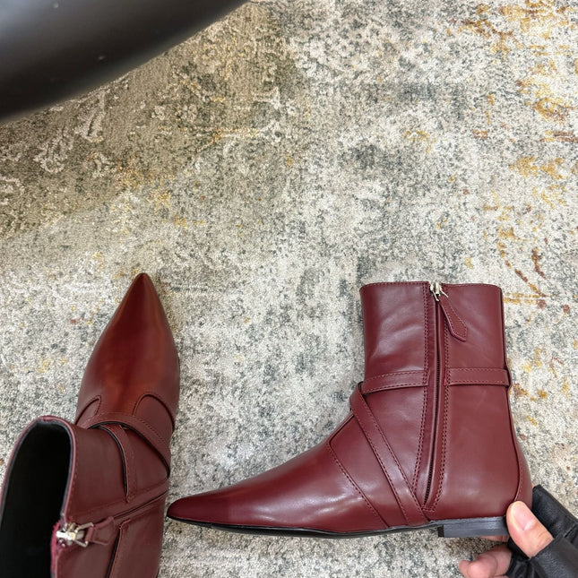 HM 26S FLAT ANKLE BOOTS IN WINE RED CALFSKIN