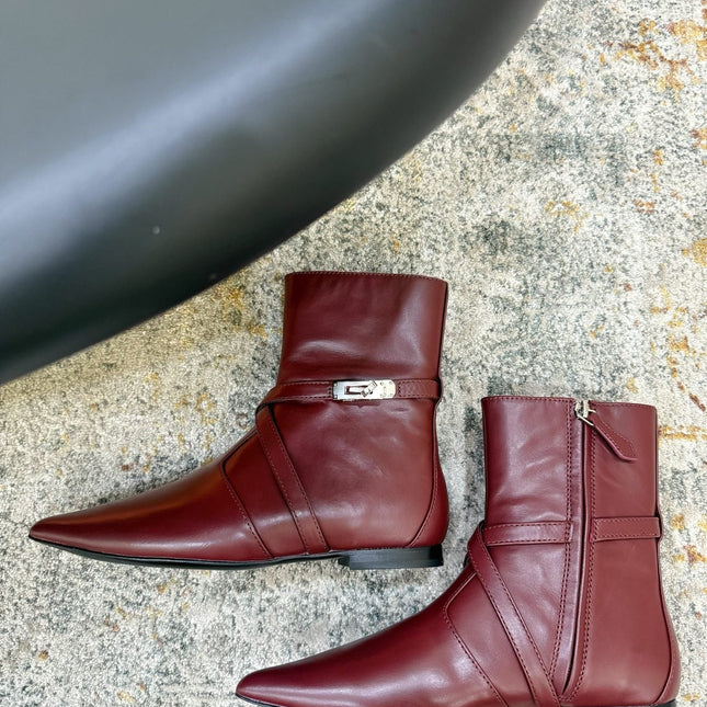 HM 26S FLAT ANKLE BOOTS IN WINE RED CALFSKIN