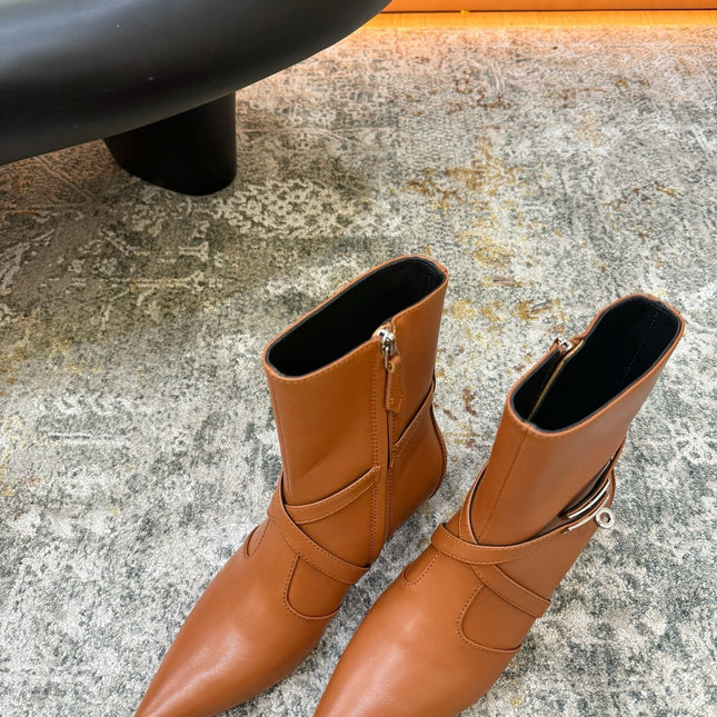 HM 26S POINTED-TOE ANKLE BOOTS 35 MM IN COGNAC BROWN CALFSKIN 
