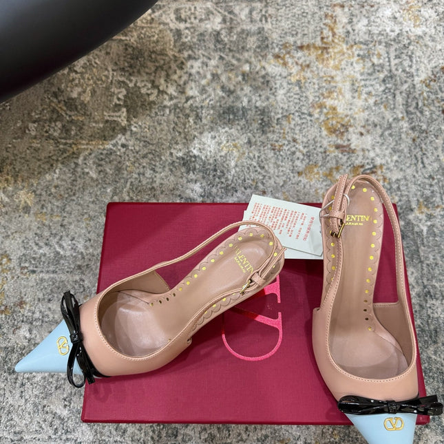 VALENTINO 26S BOW SLINGBACKS 45 MM IN NUDE AND LIGHT BLUE CALFSKIN