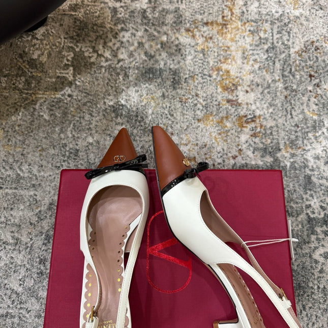 VALENTINO 26S BOW SLINGBACKS 45 MM IN WHITE AND BROWN CALFSKIN