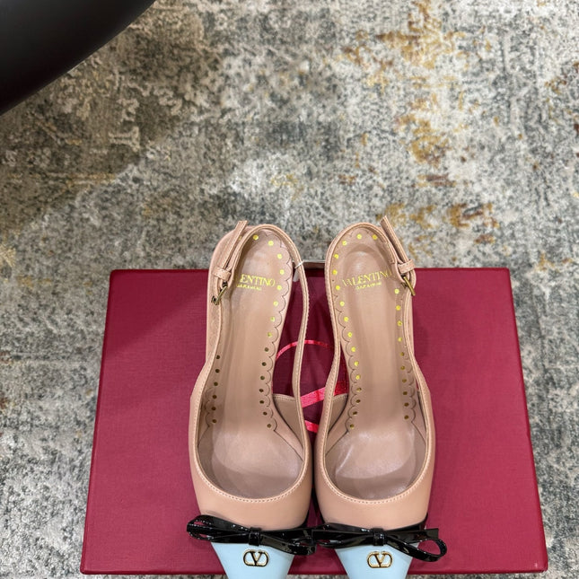 VALENTINO 26S BOW SLINGBACKS 75 MM IN NUDE AND LIGHT BLUE CALFSKIN