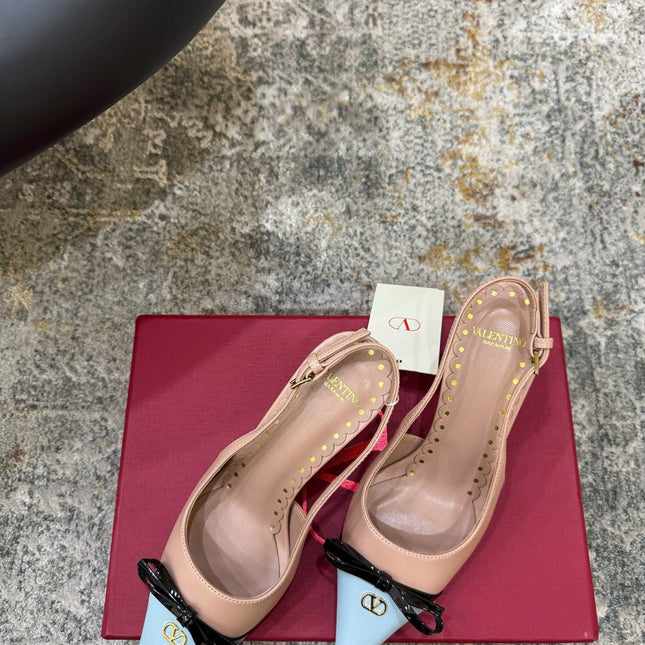 VALENTINO 26S BOW SLINGBACKS 75 MM IN NUDE AND LIGHT BLUE CALFSKIN