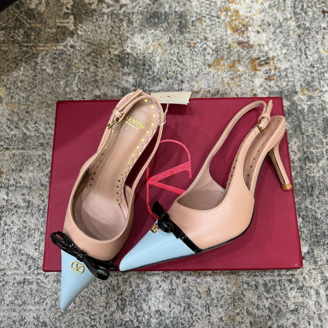 VALENTINO 26S BOW SLINGBACKS 75 MM IN NUDE AND LIGHT BLUE CALFSKIN