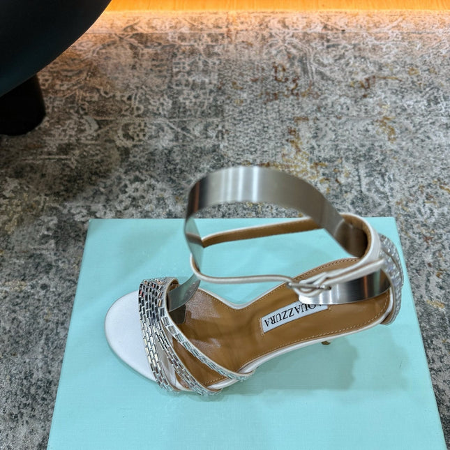 AQUAZZURA 26S HEELED SANDALS 95 MM IN OFF WHITE LEATHER CRYSTAL-EMBELLISHED STRAPS