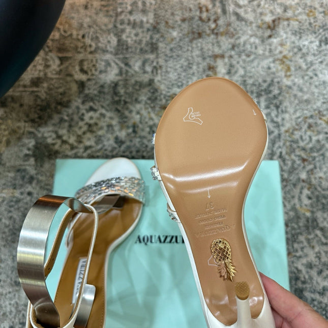 AQUAZZURA 26S HEELED SANDALS 95 MM IN OFF WHITE LEATHER CRYSTAL-EMBELLISHED STRAPS
