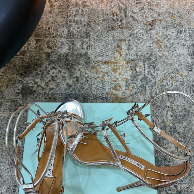 AQUAZZURA 26S BUTTERFLY SANDALS 95 MM IN SILVER CALFSKIN
