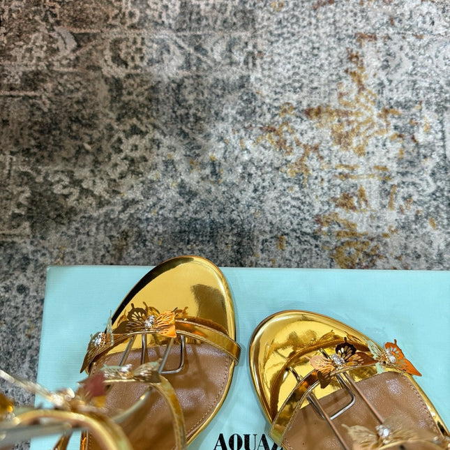 AQUAZZURA 26S BUTTERFLY SANDALS 95 MM IN GOLD CALFSKIN