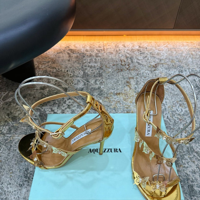 AQUAZZURA 26S BUTTERFLY SANDALS 95 MM IN GOLD CALFSKIN