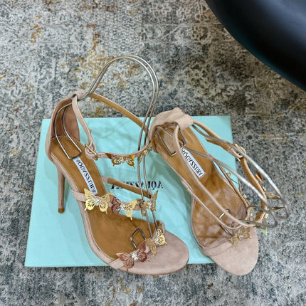 AQUAZZURA 26S BUTTERFLY SANDALS 95 MM IN BEIGE SUEDE 