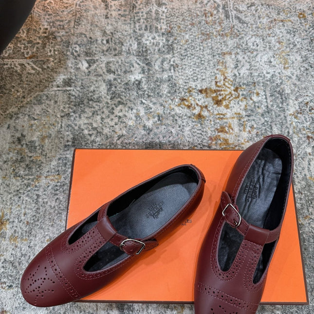 HM 26S PERFORATED BALLET FLATS IN WINE RED CALFSKIN