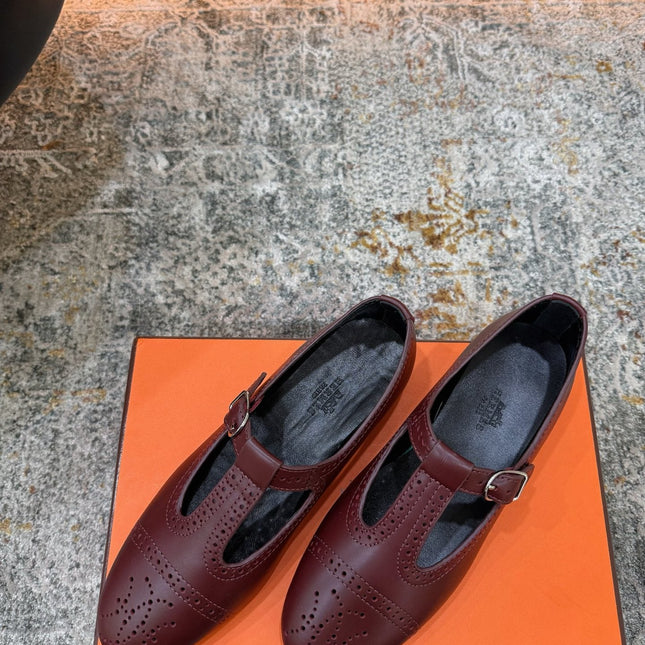 HM 26S PERFORATED BALLET FLATS IN WINE RED CALFSKIN