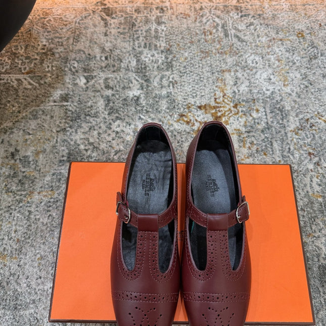 HM 26S PERFORATED BALLET FLATS IN WINE RED CALFSKIN