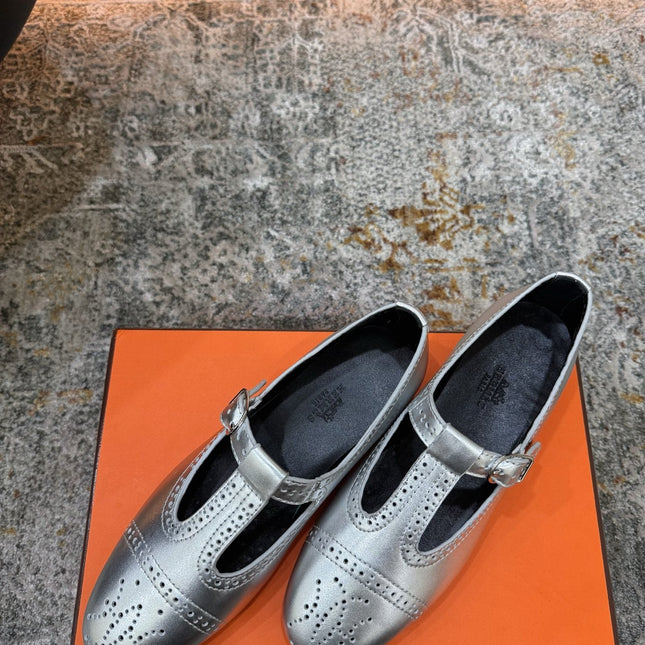 HM 26S PERFORATED BALLET FLATS IN SILVER CALFSKIN
