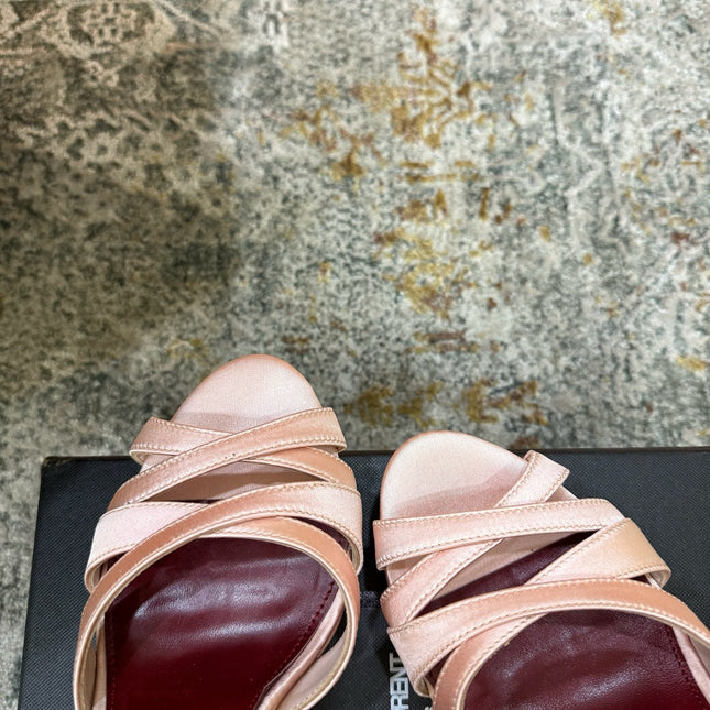 YSL 26S WOVEN-STRAP HIGH-HEEL SANDALS 130 MM IN LIGHT PINK SATIN