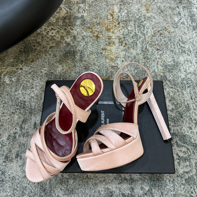 YSL 26S WOVEN-STRAP HIGH-HEEL SANDALS 130 MM IN LIGHT PINK SATIN